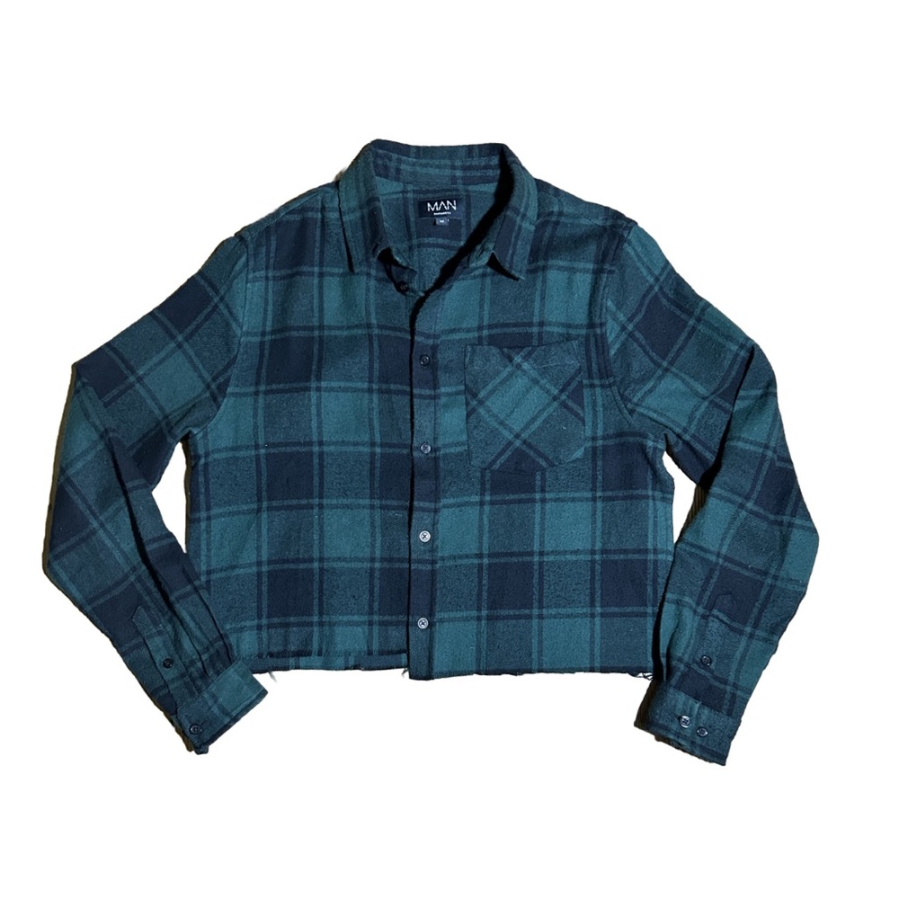 BoohooMAN Men’s Custom Cut Long Sleeve Blue Green Flannel Button Up Shirt Size M